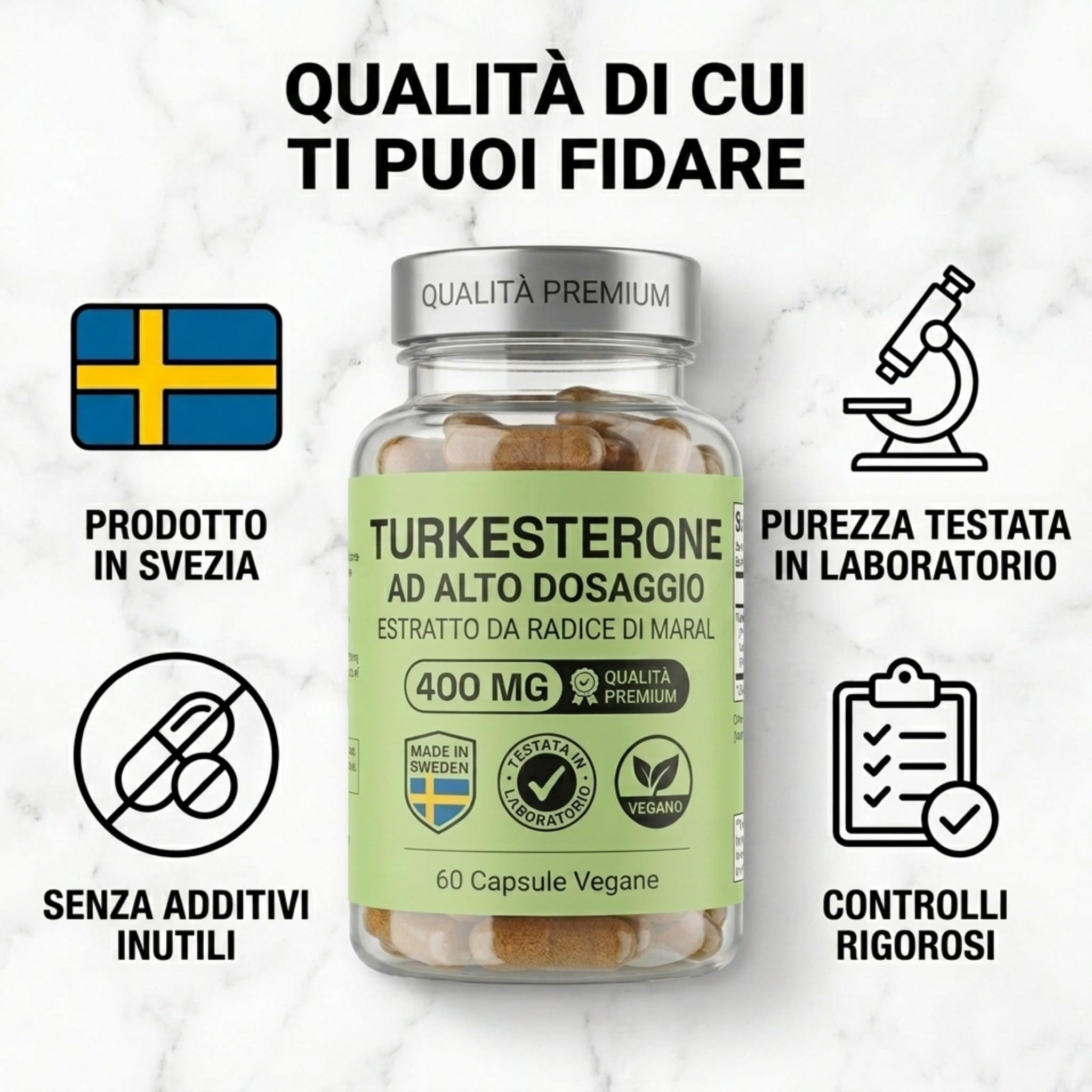 NOOP Turkesterone 400 mg, Integratore Testosterone Uomo, Booster Massa Muscolare e Forza – Radice di Maral, Vegano, Prodotto in Svezia – 60 Capsule