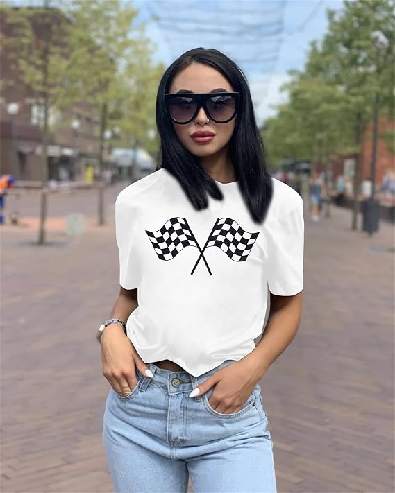 Racing Shirt Women Checkered Flag Printed T-Shirt Race Day Tee Funny Racing Apparel Causal Short Sleeve Tops