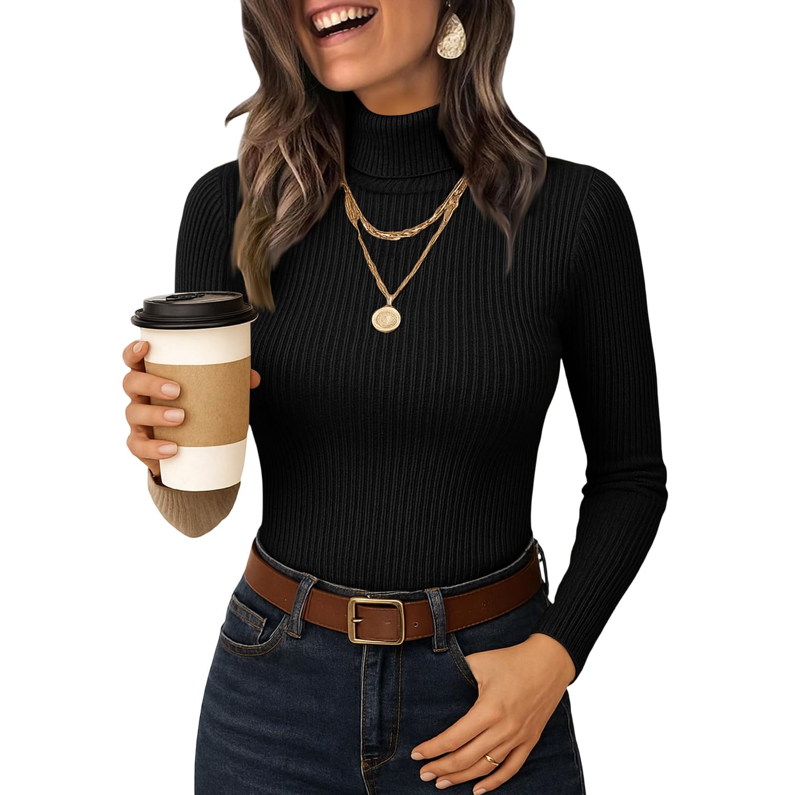Turtleneck Sweater Women Cozy Ribbed Knit Sweater Stretch Fitted Sweaters Pullovers Long Sleeve Turtle Necks Tops
