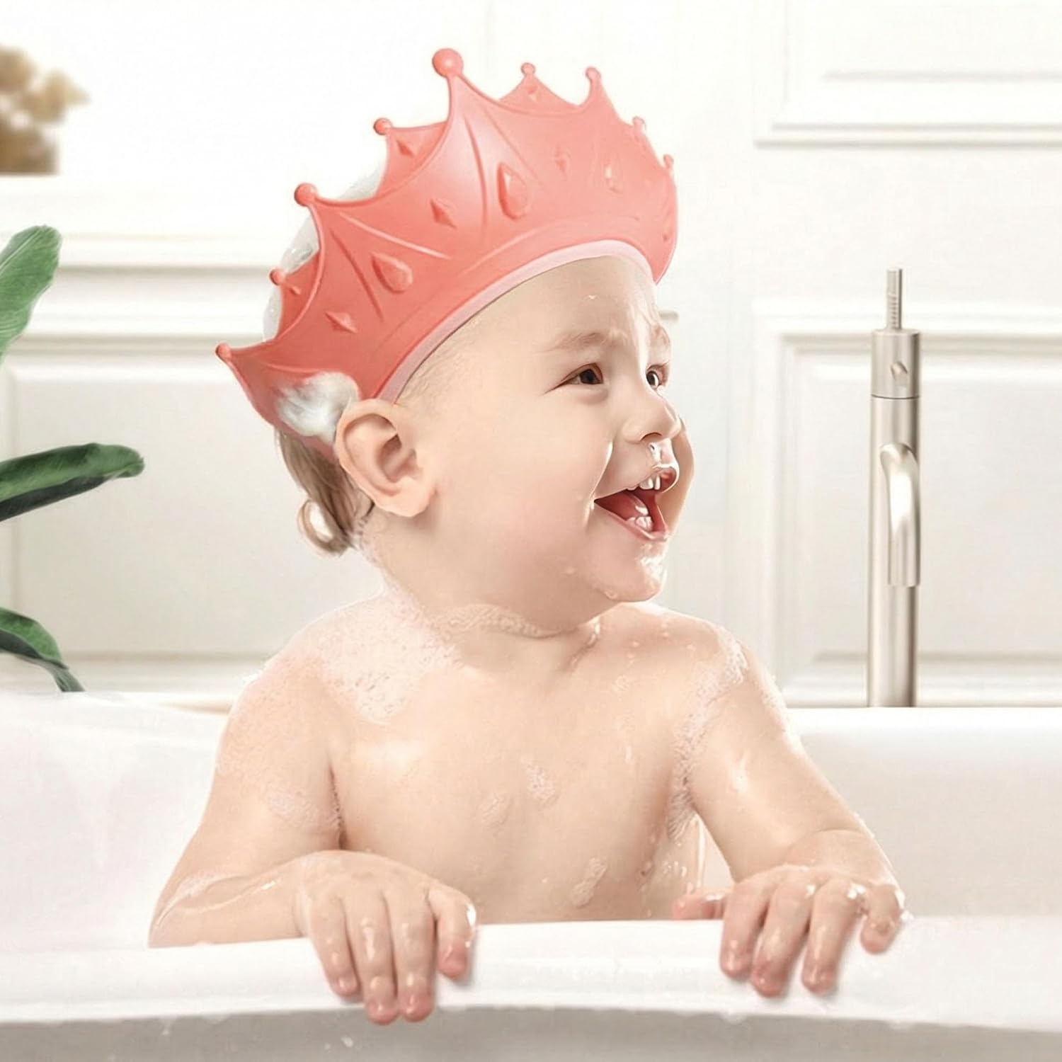 Baby Shower Cap, Baby Toddler Hair Washing Shield, Adjustable Silicone Bath Visor for Toddlers, Shower Hat for Kids 1-9 Years, Pink Crown