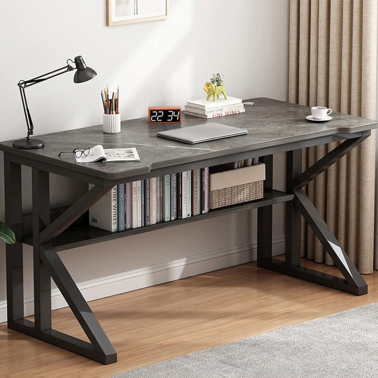 Computer Desk with Bottom Bookshelves, Home Office Desk Study Writing Desk Modern Simple Desk with Sturdy Metal Frame(39 Inch, Black)