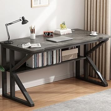 Computer Desk with Bottom Bookshelves, Home Office Desk Study Writing Desk Modern Simple Desk with Sturdy Metal Frame(39 Inch, Marble)