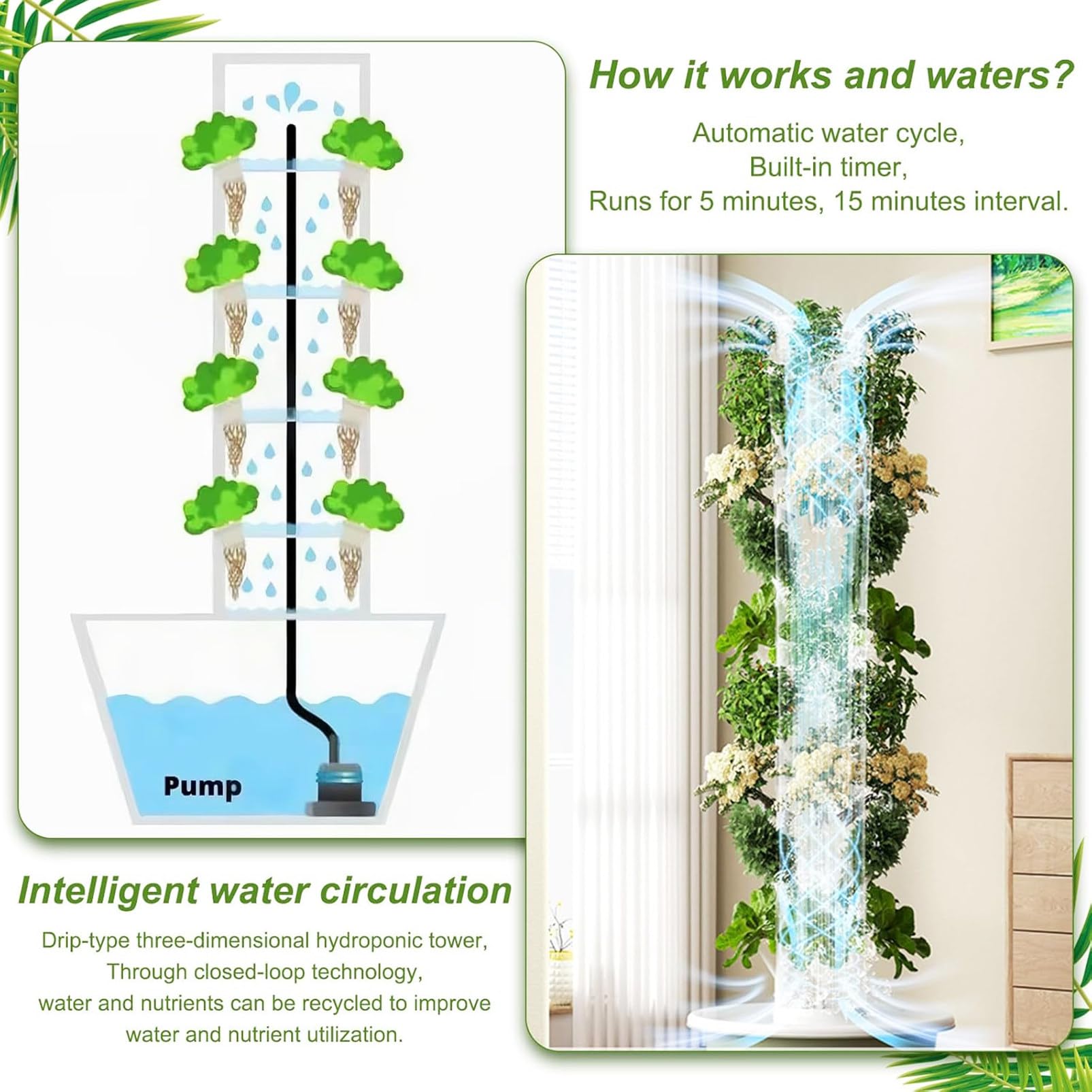 Kit de sistema de cultivo hidropónico, torre vertical con circulación automática de agua, uso en interiores y exteriores, 4 luces LED y temporizador, 9 capas para verduras y frutas