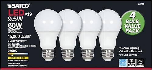Miniatura 5 de Satco S39596 9.5A19/LED/827/ND/120V/4PK - Paquete de 4