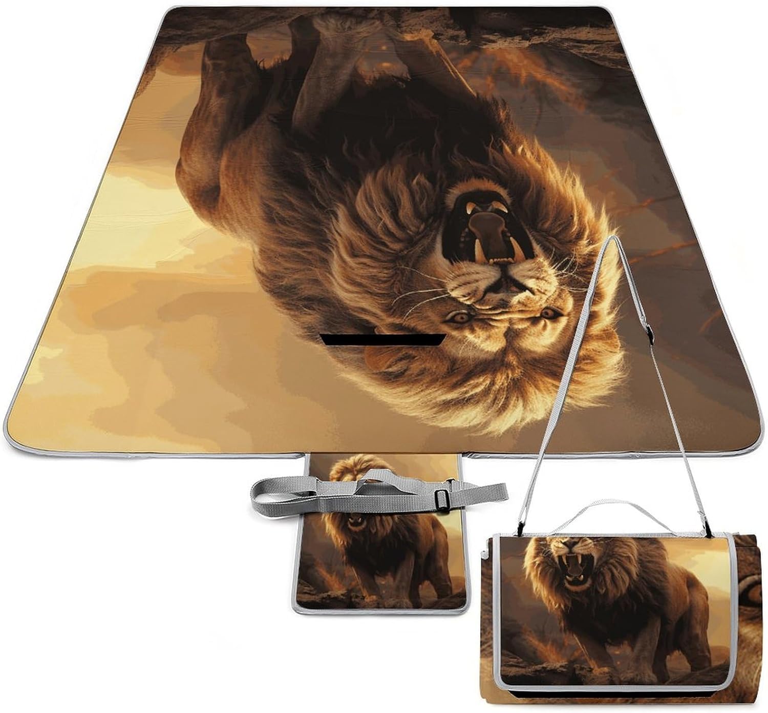 Angry Roaring Lion Waterproof Picnic Blanket 58.3''x58.3'',Portable and Foldable Picnic Mat with Handle,Outdoor Blankets for Lawn Park Beach Travel