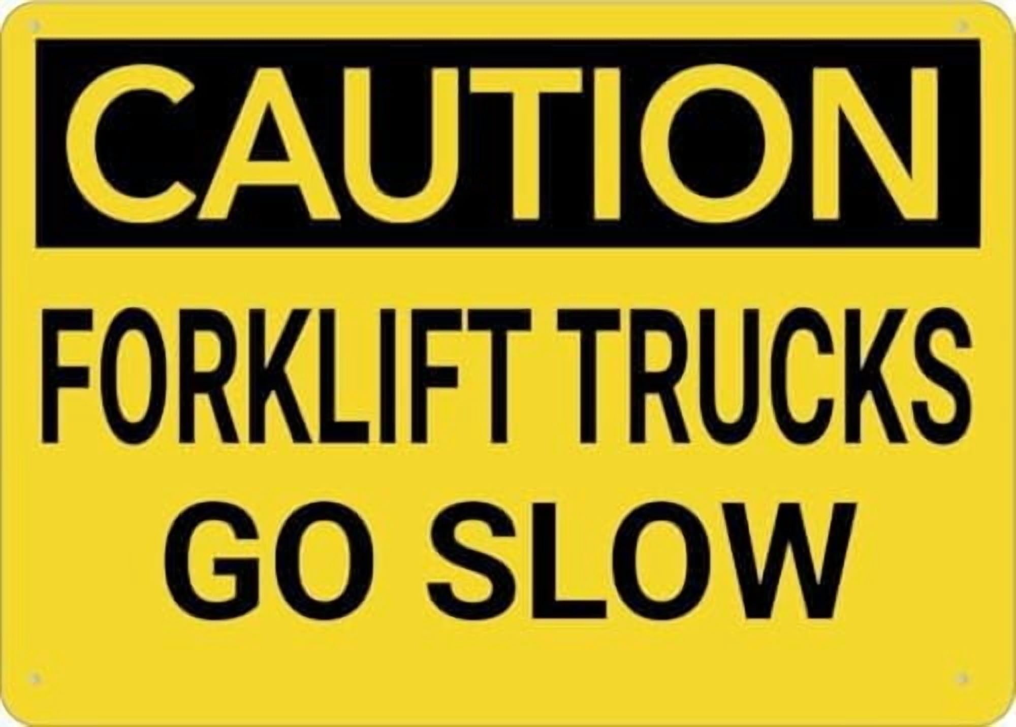 (2-Pack) Warning Metal Tin Sign: Caution Forklift Trucks Go Slow, Signs; Rust Free Durable, Weatherproof, Outdoor for Home; Clear Speed Rule for Shops, Stores 12x8 inch
