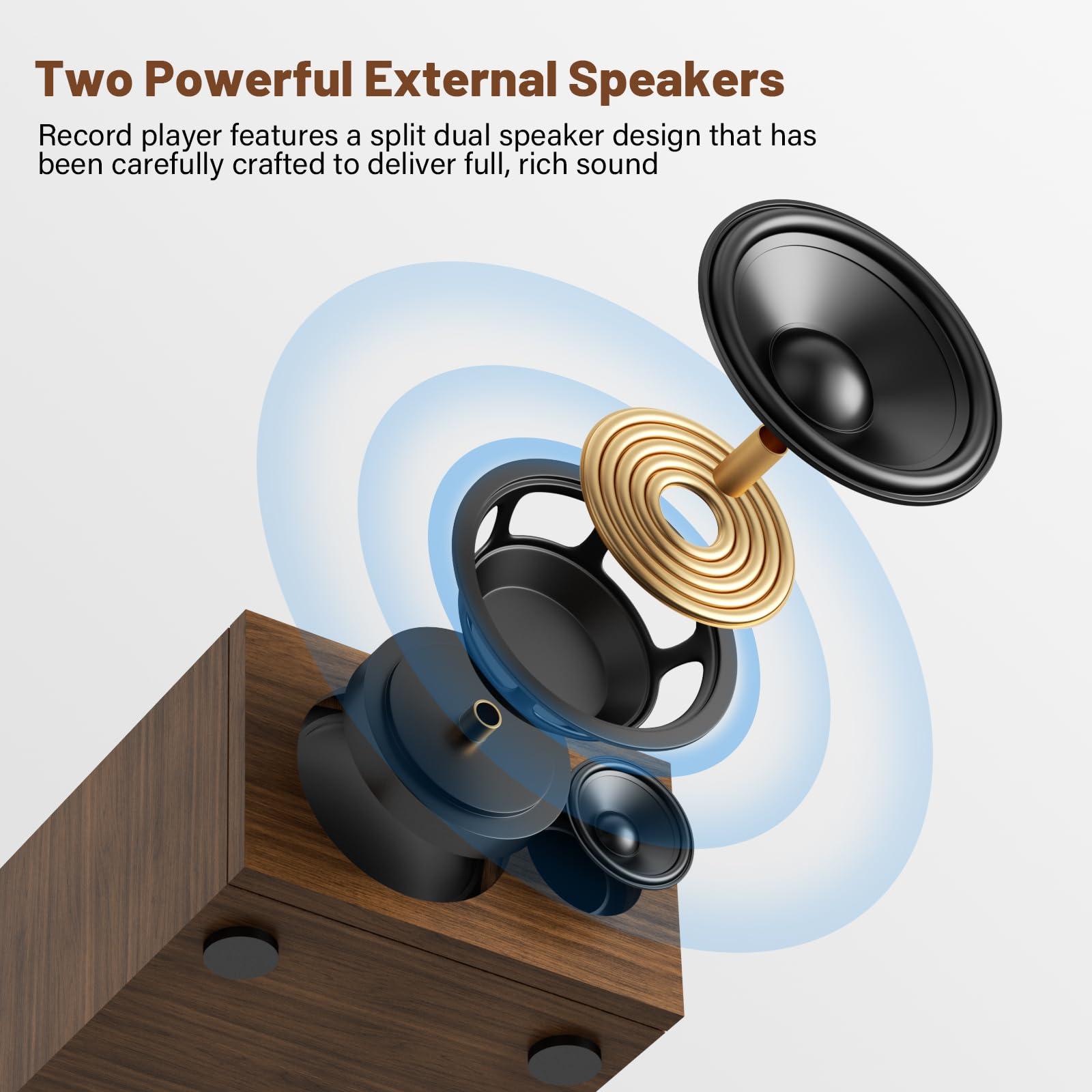 Giradischi Bluetooth vintage con trasmissione a cinghia, altoparlanti stereo doppi Lettore LP Ingresso cuffie AUX, 3 velocità 3 dimensioni, Marrone