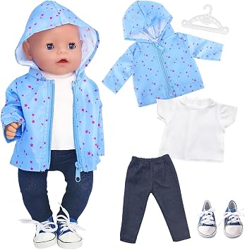5 Pcs Doll Clothes Outfits for 14-18 Inch Baby Dolls, 35-45cm Cute Doll Accessories with Heart-Patterned T-Shirt Pants Yellow Shoes Hanger, Birthday for GirlsNo Doll Blue