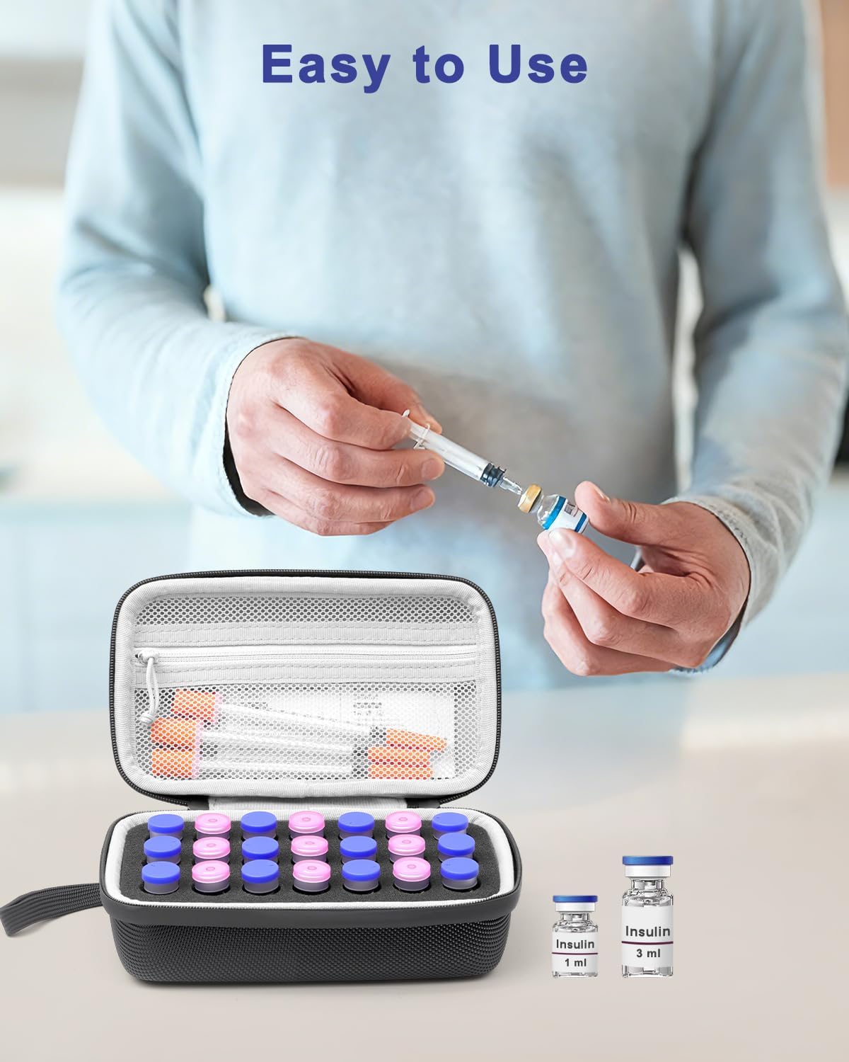 Krypthos 21 Slots Insulin Fridge Holder Storage Case, Portable Diabetes Insulin Organizer Bag for 1ml, 3ml, 5ml Vials, Hard Insulin Carrying Case for Diabetic Supplies, No Ice Pack