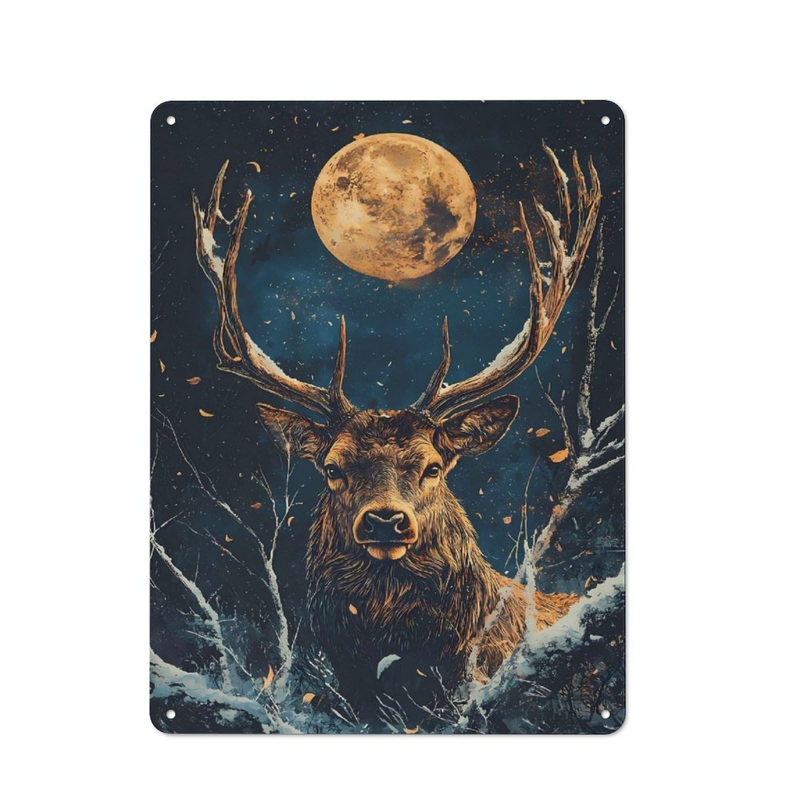 Distressed Look Majestic Deer Under Full Moon Decorative Tin Sign 40x30cm, Vintage Wall Decor for Lounge, Study, Pub Or Wall Gallery