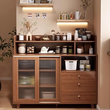 Kitchen Sideboard with Storage, Buffet Table with Drawers and Shelves, Coffee Bar Cabinet with Fluted Glass Doors, Dining Room Storage Cabinet, Modern Sideboards and Buffets A 47.2*14.2*49.2in