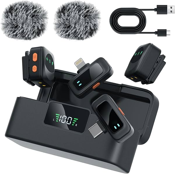 Sistema de micrófono lavalier inalámbrico Ai Mini Mic (2TX+2RX+Estuche), micrófono magnético y con clip para iPhone, Android, vlogging, sonido de calidad de estudio, batería de 48H, cancelación de ruido con IA (Negro)