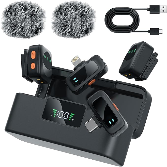 Ai Mini Mic Wireless Lavalier Microphone System (2TX+2RX+Case), Magnetic & Clip-On Microphone for iPhone, Android, Vlogging, Studio-Quality Sound, 48H Battery, Ai Noise Cancelling (Upgraded)