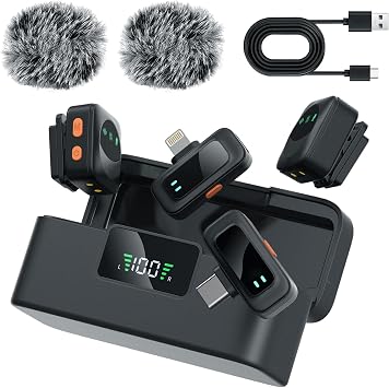 Ai Mini Mic Wireless Lavalier Microphone System 2TX+2RX+Case, Magnetic & Clip-On Microphone for iPhone, Android, Vlogging, Studio-Quality Sound, 48H Battery, Ai Noise Cancelling Black