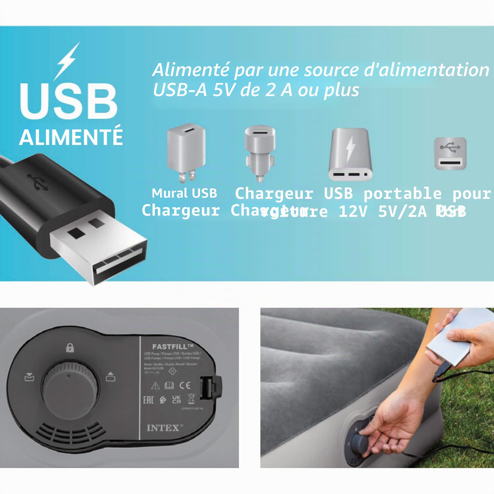 Intex - 64159 - Lit Gonflable Raised Comfort - Gonfleur Électrique Prise USB - 2 Pers
