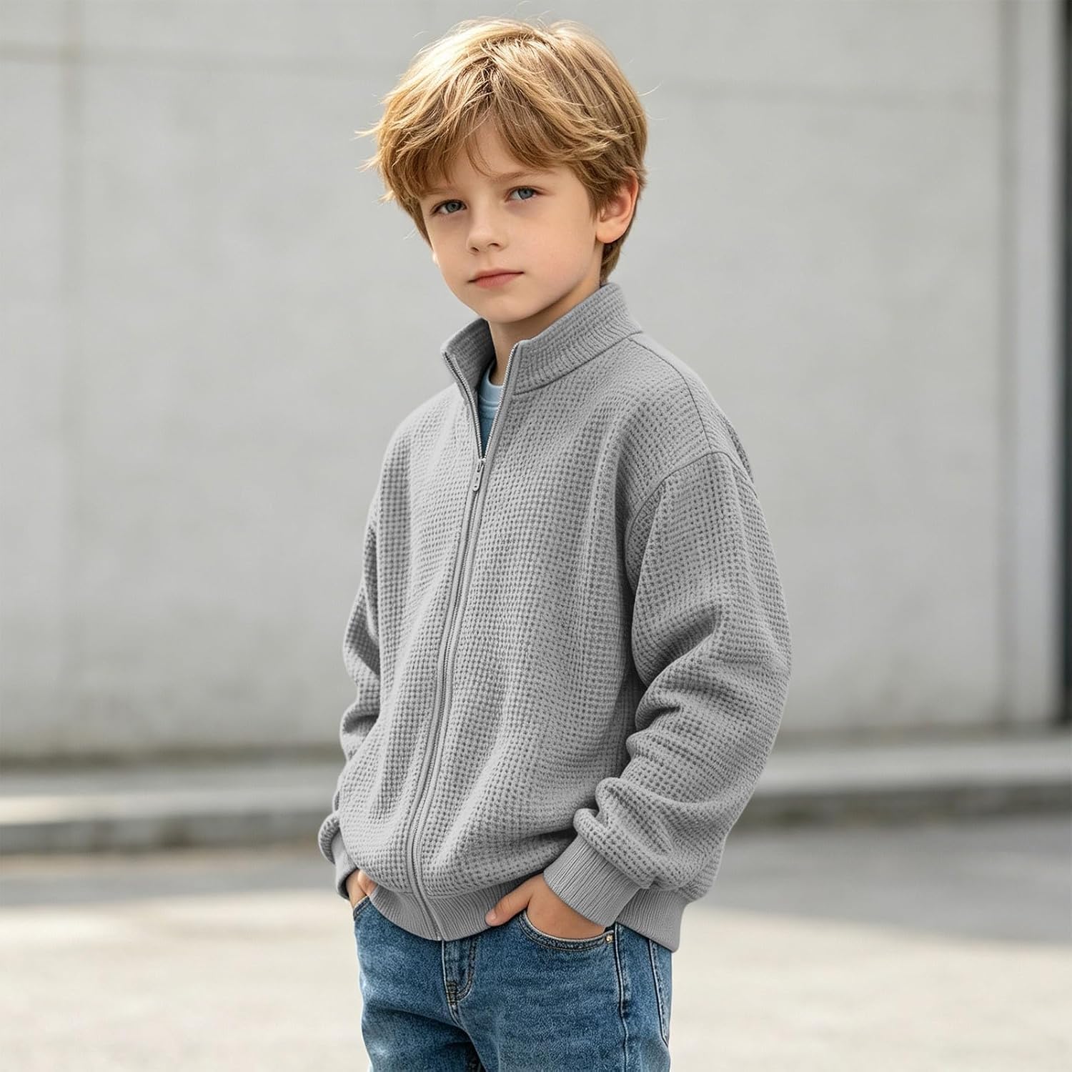 Boys Waffle Knit Zip Up Sweatshirt Casual Jacket Coat | Boys Waffle Knit Zip Up Sweatshirt With Stand Collar, Long Sleeves, Textured Fabric, Ribbed Trim, And Layering Style