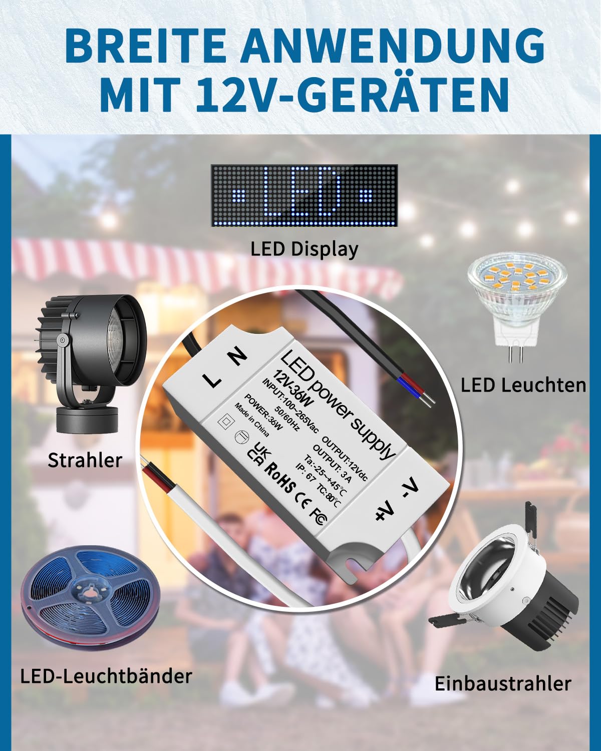 LED-Transformator 230V Auf 12V – 36W / 3A Ausgang | Netzteil Für LED-Beleuchtung | Maße: 50x12x6 Cm