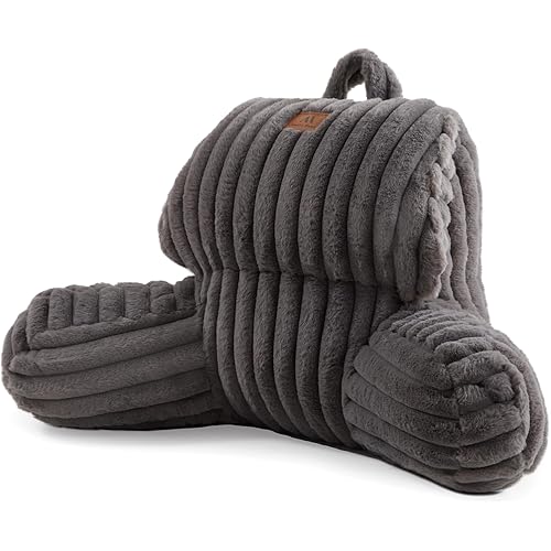 Amélie Home Faux Fur Reading Pillow with Pocket for Sitting in Bed, Kids Backrest Bed Pillow with Washable Cover for Lounging, Watching TV/Reading/Gaming/Resting/Post/Surgery/Nursing, Grey 17 inches