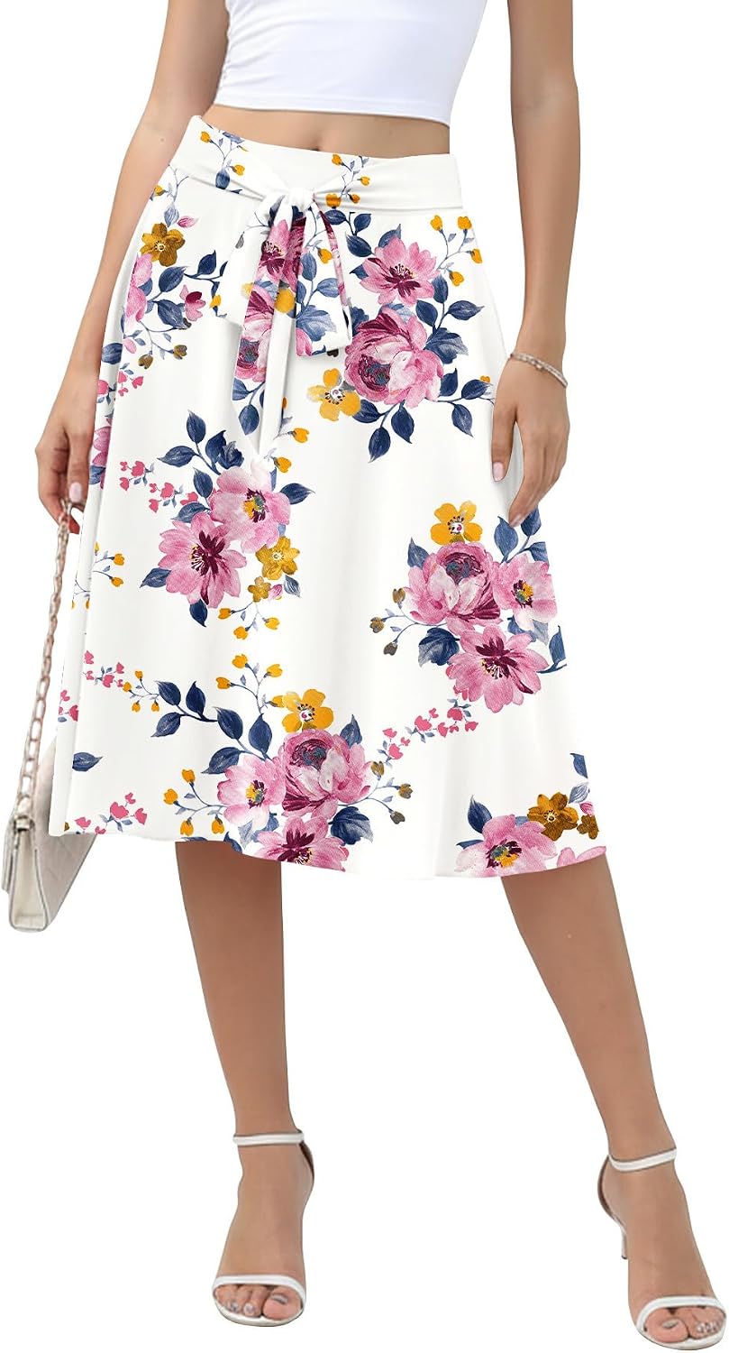 NILOUFO Midi Skirts for Women with Pockets - Summer High Waisted Casual Flowy Tie Knot Skirt for Work Beach Vacation 2026