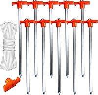 ABCCANOPY 11 Inch Heavy Duty Tent Stakes 10 Pack Non-Rust Steel Anchors with 4 Ropes for Camping Canopy Gardening Orange