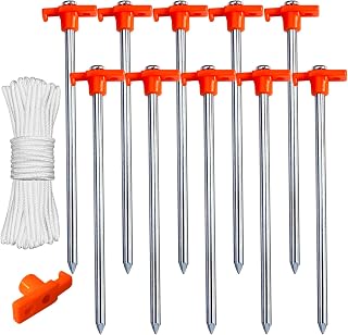 ABCCANOPY 11 Inch Heavy Duty Tent Stakes 10 Pack Non-Rust Steel Anchors with 4 Ropes for Camping Canopy Gardening Orange