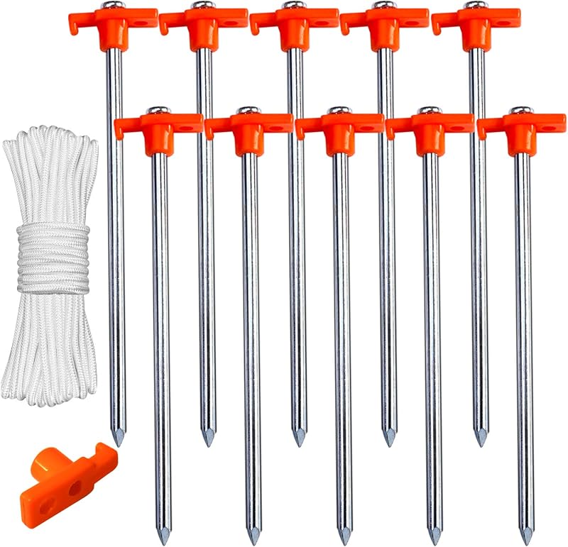 Estacas para tienda de campaña de 11 pulgadas, 10 unidades, anclajes de suelo de metal inoxidables, color naranja
