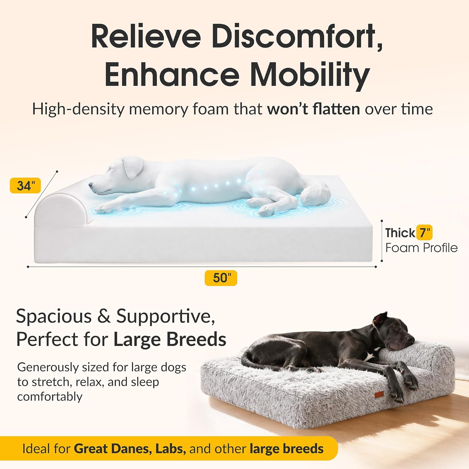 KOPEKS Orthopedic Memory Foam Dog Bed 7" Inch Thick Extra Large Dog Bed with Pillow Fluffy Grey 50"x34"x10" Includes Waterproof Liner & Durable Removable Cover with Smart Design