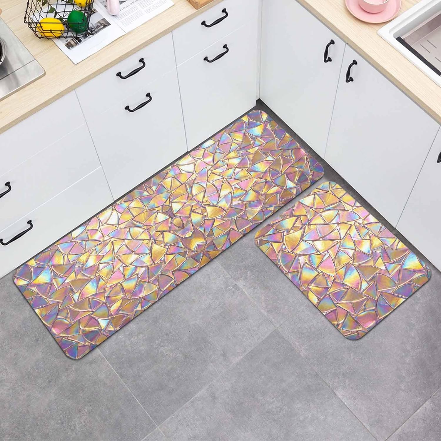 Iridescent Glass Kitchen Mat Set 2 Pieces Modern Abstract Dreamy Colorful Shining Glass Non Slip Kitchen Rugs Washable Runner Rug Mats for Floor Sink Laundry Office 15.7" x 23.6"+15.7" x 47.2"