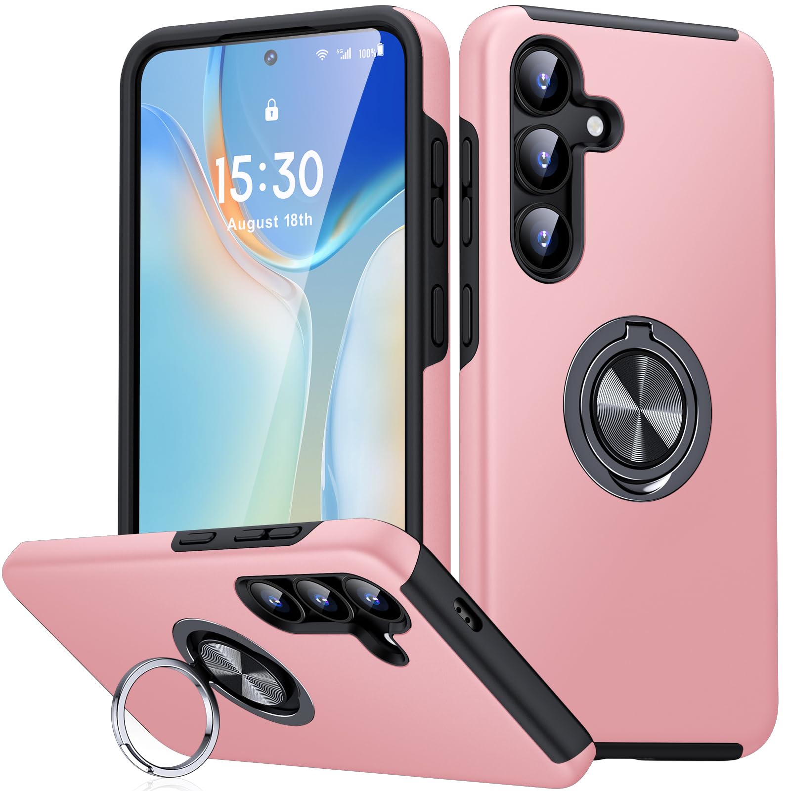 KOVASIA für Samsung Galaxy S25 Hülle/S24 Hülle mit 360° Drehbarer Ständer, Militärischer Schutz Handyhülle für Samsung S25/S24, Stoßdämpfende Fallschutz S25/S24 Hülle, Rosa