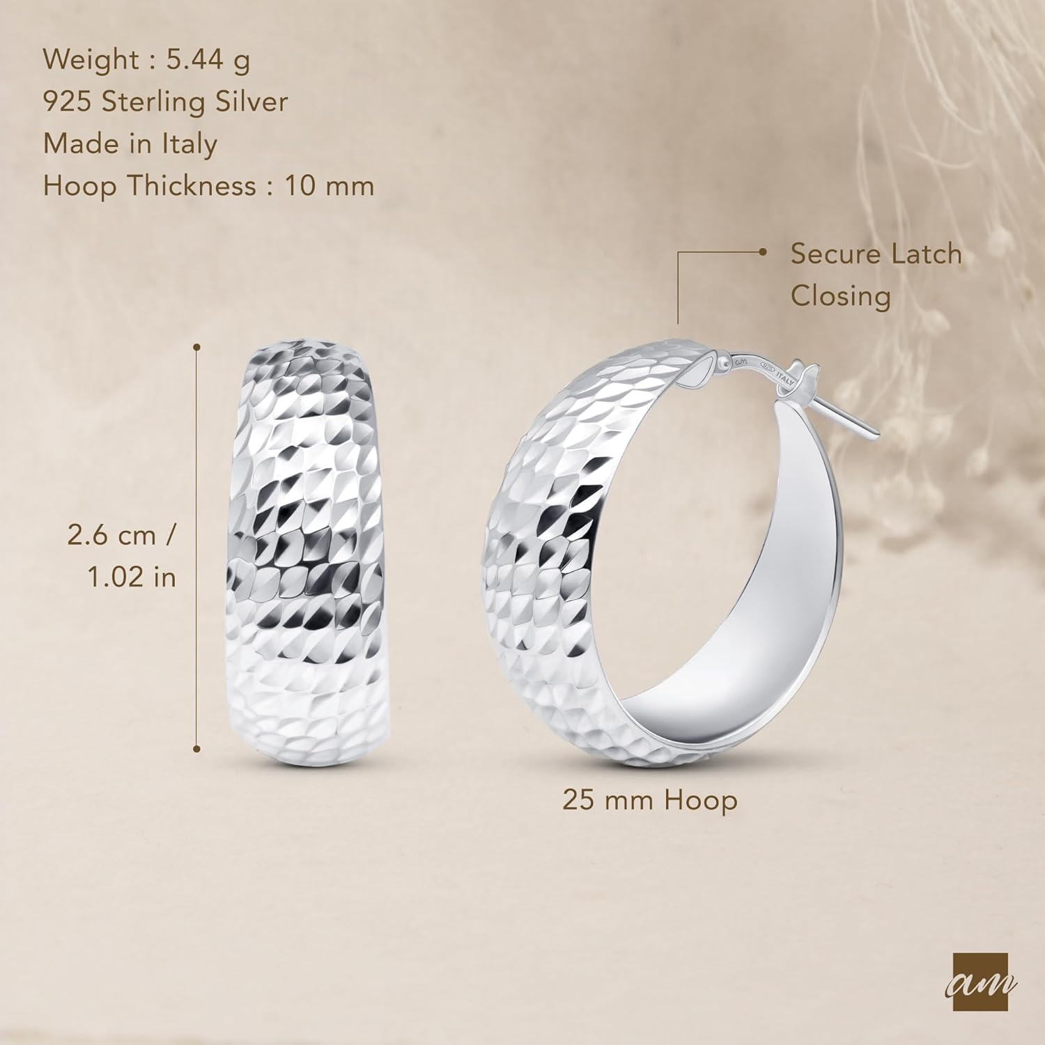 Amberta Women Handmade 925 Sterling Silver Chunky Hoop Earrings
