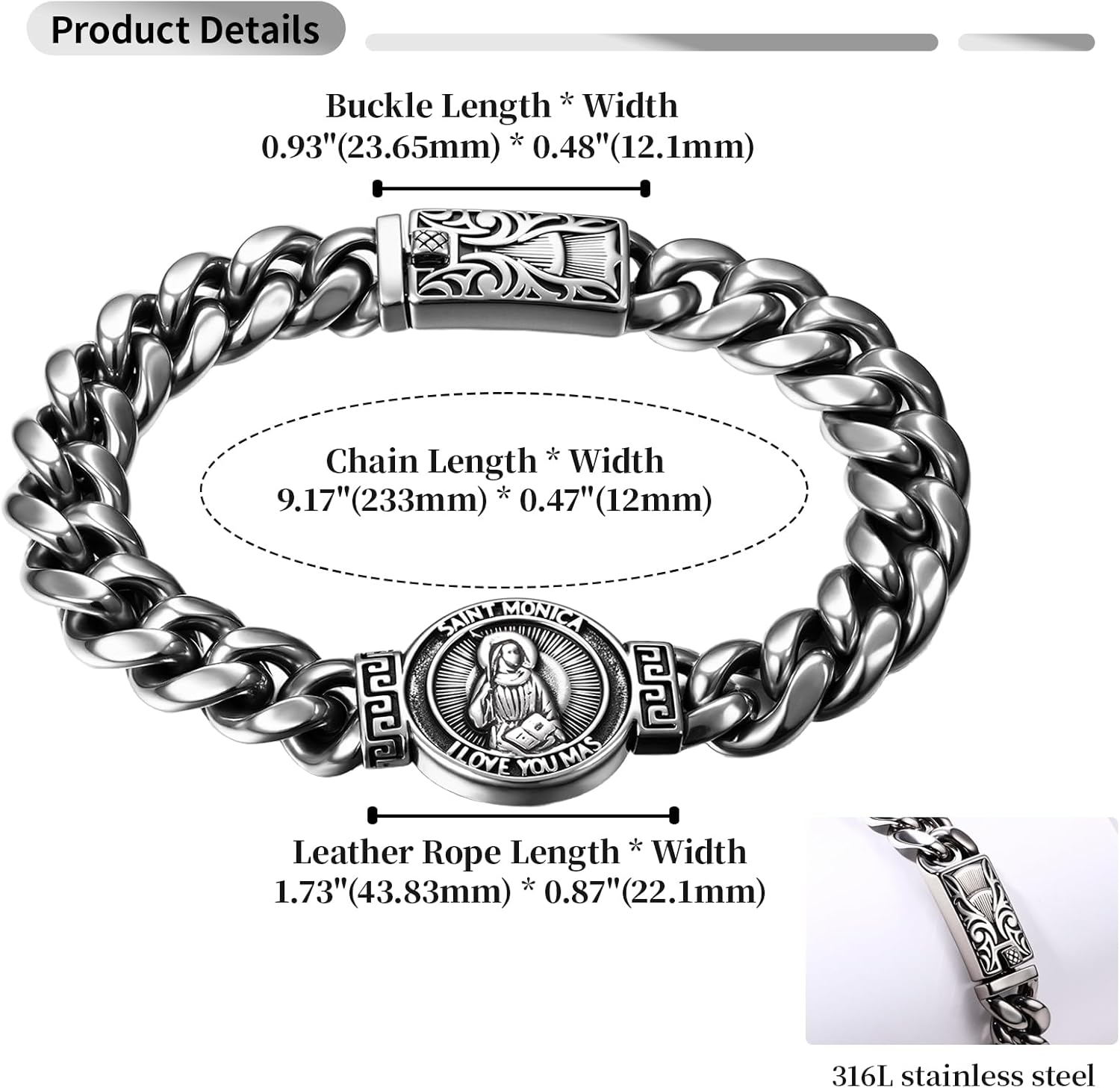 Aroncent Mens Cuban Link Bracelet: 9 Inch Stainless Steel Chain with Secure Clasp - Silver Religious Jesus Christ Jewelry - Image 2