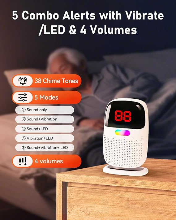PILSAMAS Wireless Bed Alarms for Elderly Dementia Patients with Motion Sensor & Clip-On Caregiver Pager - Sensor ID Display, 1000ft Range, Room Exit & Fall Alert Devices for Elderly No Month Fee