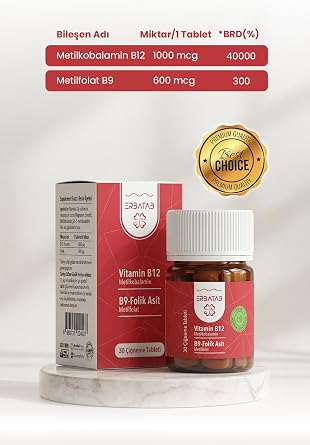 Vitamin B12- Folik Asit B9 Tablet Metilkobalamin-Metilfolat, 30 Tablet