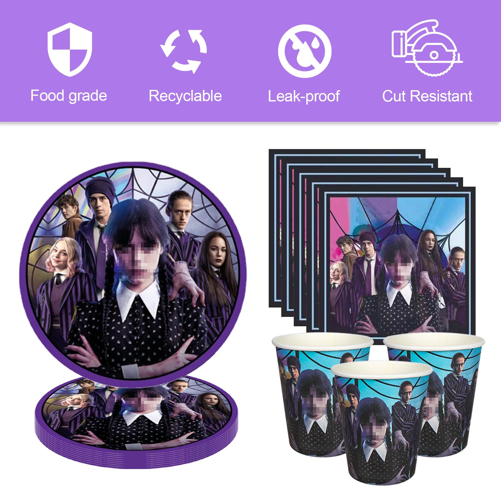 Set Stoviglie Per Feste Wednesday - 50 Pezzi Con Piatti, Bicchieri E Tovaglioli, Tema Compleanno Bambini