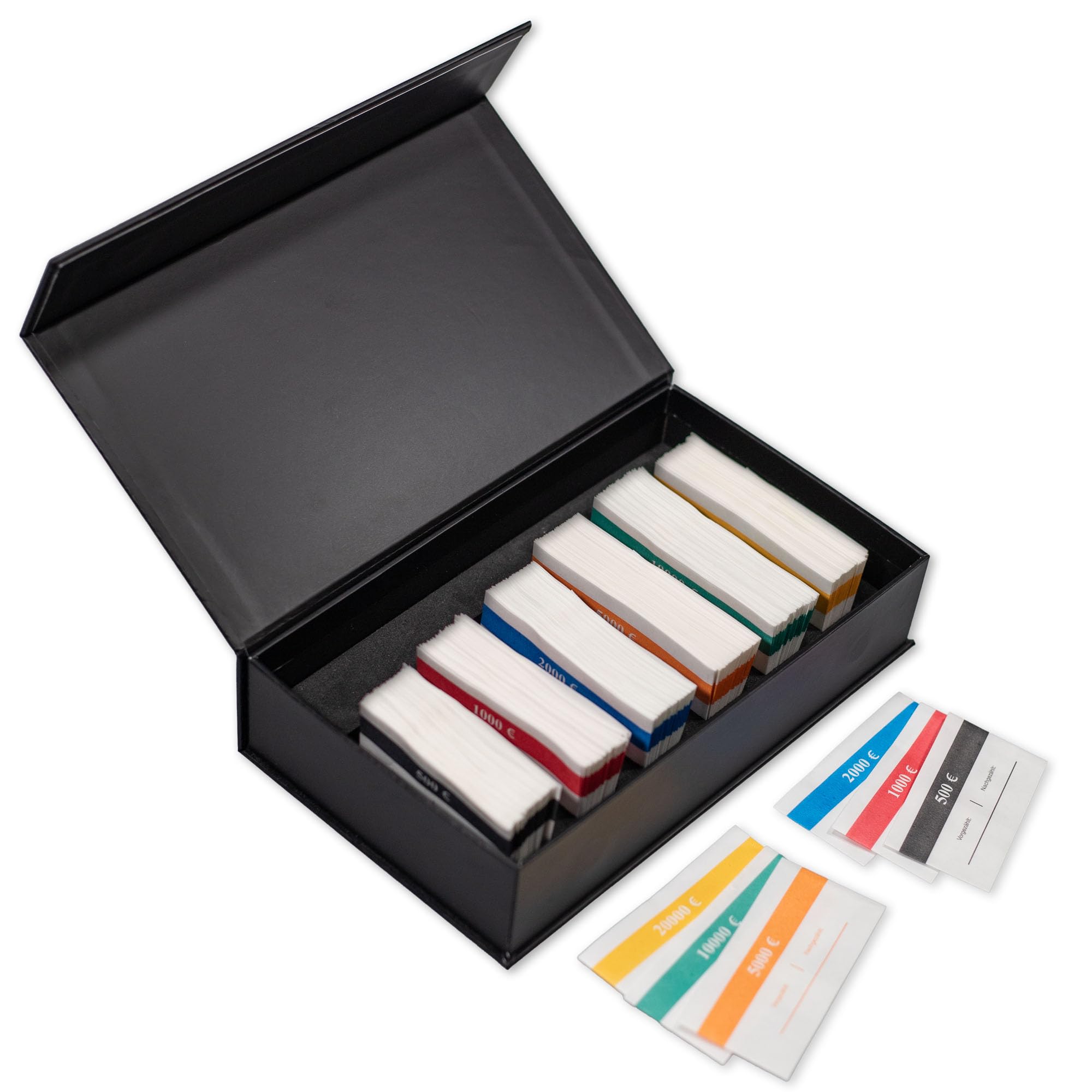 Banderolenset voor eurobankbiljetten, doos met 300 bankbiljettenbanden, elk 50 stuks voor € 5, € 10, € 20, € 50, € 100, € 200 geldstroken, geldlinten Banderolenset voor eurobankbiljetten, doos met 300 bankbiljettenbanden, elk 50 stuks voor € 5, € 10, € 20, € 50, € 100, € 200 geldstroken, geldlinten