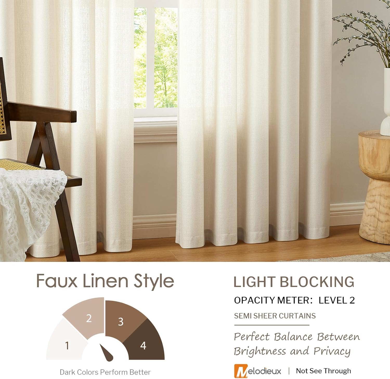 Melodieux 2 Panel Faux Linen Voile Net Curtains Semi Sheer Ring Top Drapes for Bedroom, Living Room, Window - Beige, 55 x 54 inch drop (140 x 137cm)