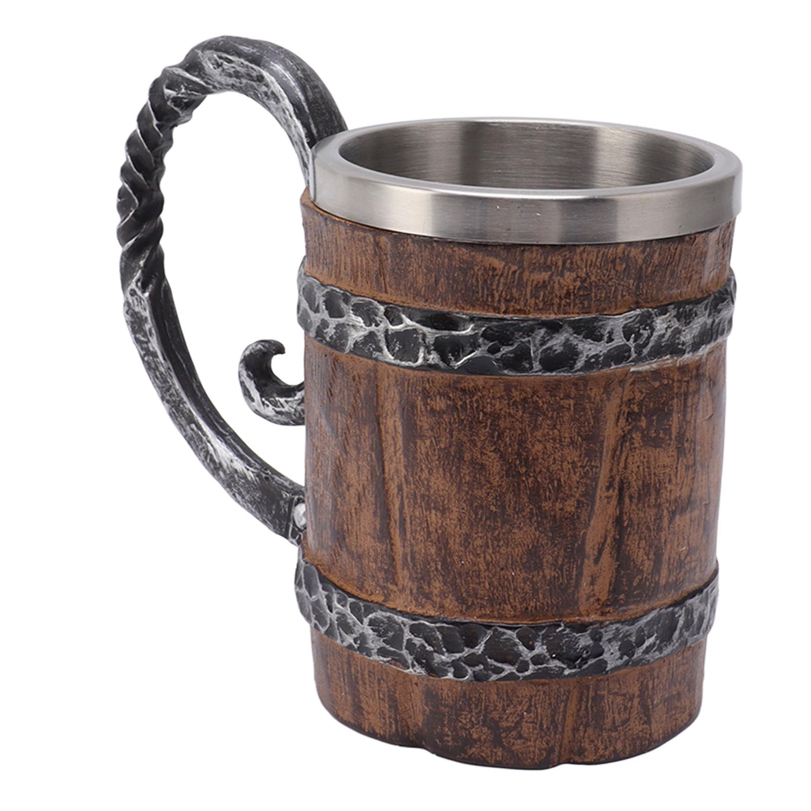 Srliya Chope à Bière Viking en Résine de Style Médiéval, Chope en Bois pour Bar, Restaurant, Décoration D'intérieur, Acier Inoxydable 304, Double Paroi pour Boissons Chaudes et Froides, 4,9 X 3,7