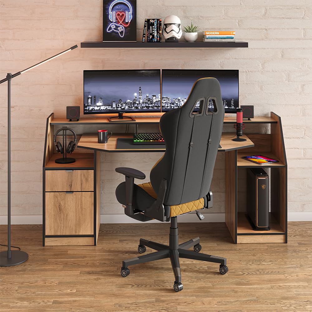 Vicco Gaming-Tisch Joel, Goldkraft Eiche, 179.8 x 65.5 cm | mit 1 Schublade und 1 Tür, mit Ablageflächen für Zubehör und erhöhtem Monitoraufsatz