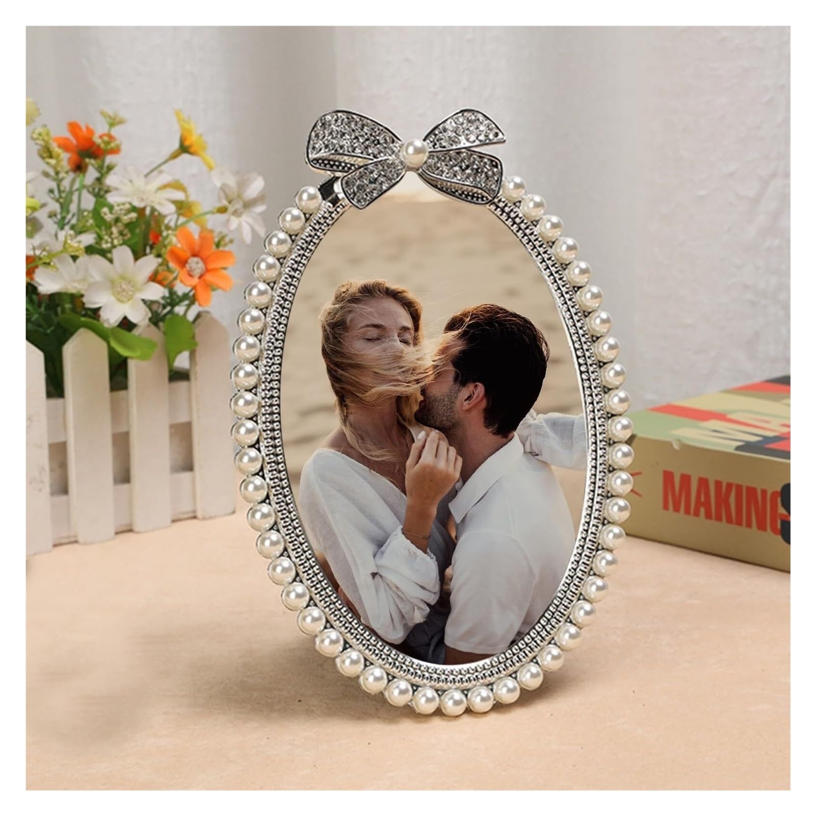 Cadre photo mariage argent 4x6 avec noeud papillon et perle décorative