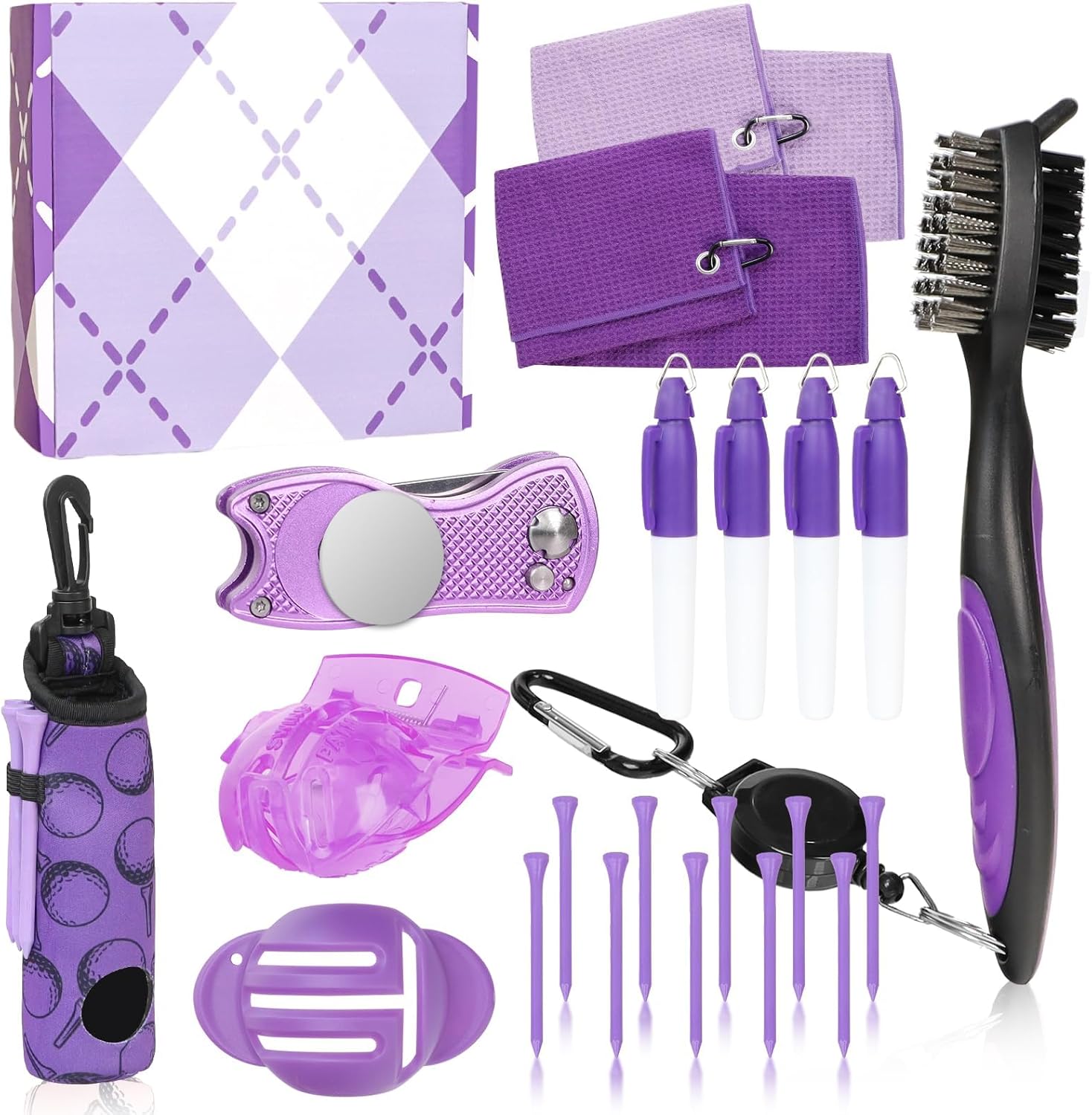 Golf Accessories Kit with Club Cleaning Brush, Divot Repair Tool, Towel, Ball Bag, Alignment Kit, and Marking Pen
