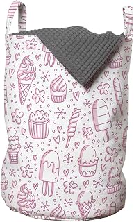 Ambesonne Ice Cream Laundry Bag, Girly Summer Desserts Pattern Popsicles Strawberry Flavour Yummy Glaze Cones, Hamper Basket with Handles Drawstring Closure for Laundromats, 13" x 19", Pink and White