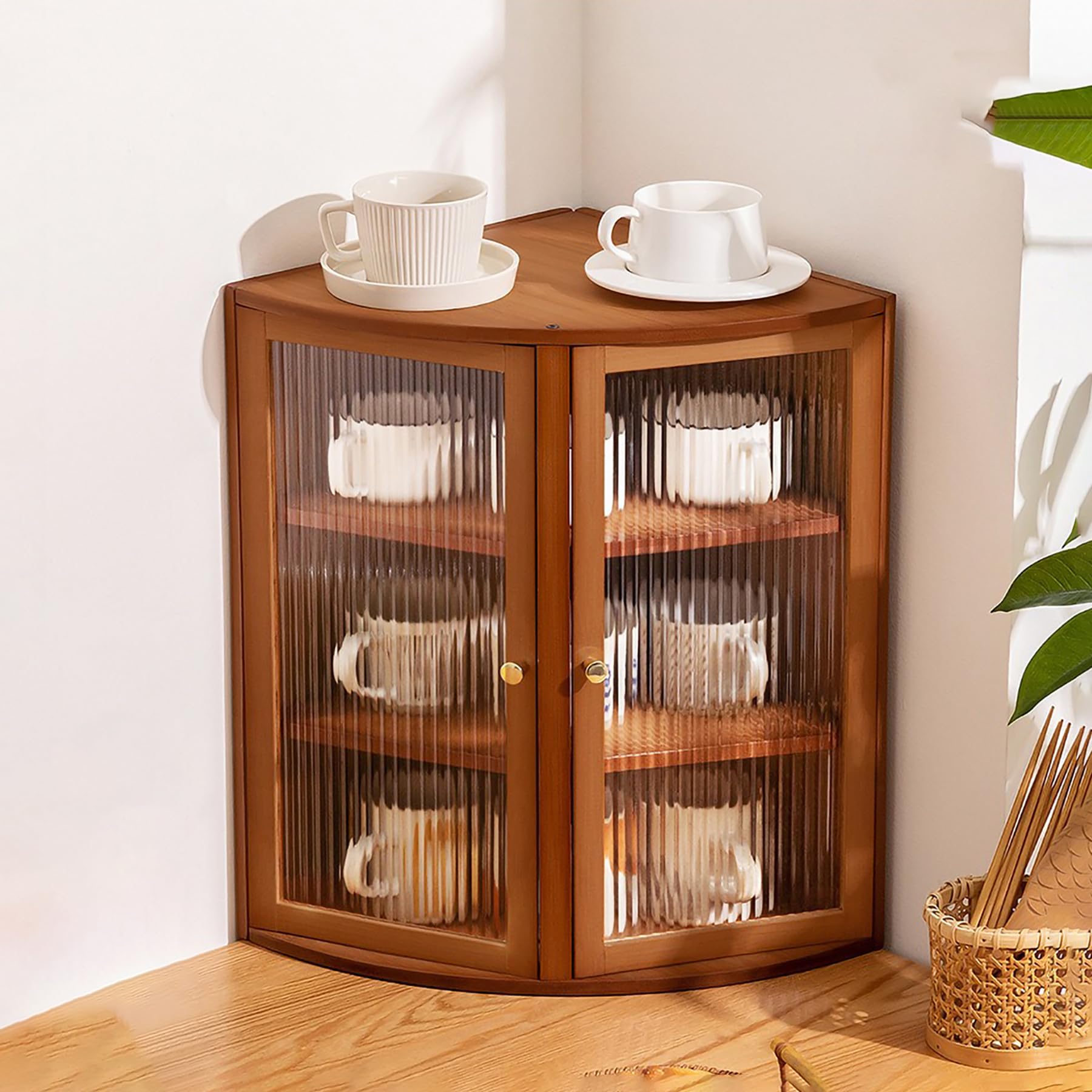 Despensa de bambú Extra3Tier de 3 niveles con puertas acrílicas organizador marrón para cocina