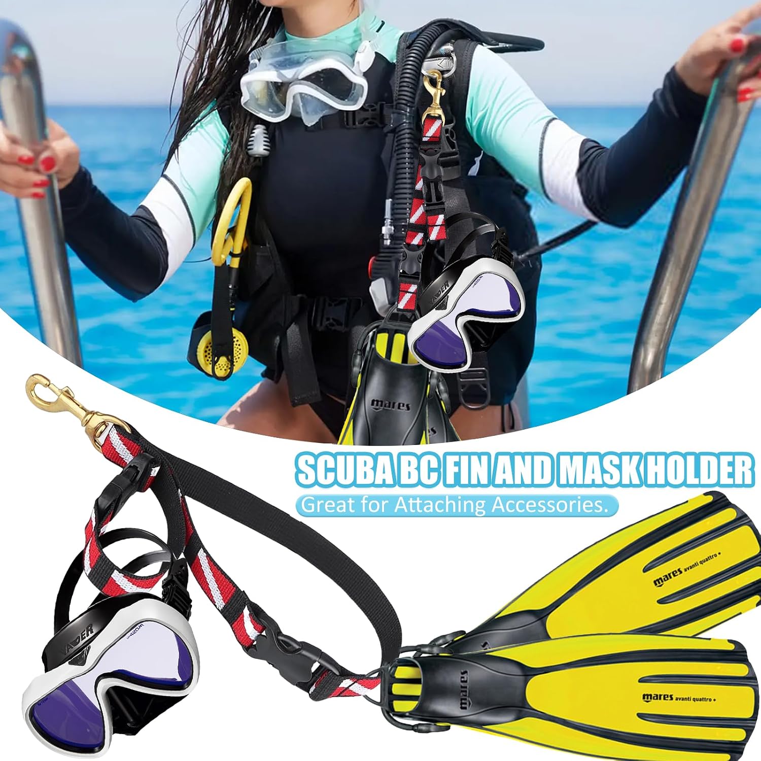 Scuba Fin Mask Holder with Marine Grade Swivel Clip, Diving BC Flippers Keeper with 2 Quick-release Loop Lanyard Webbing Strap for Diving, Fishing Equipment