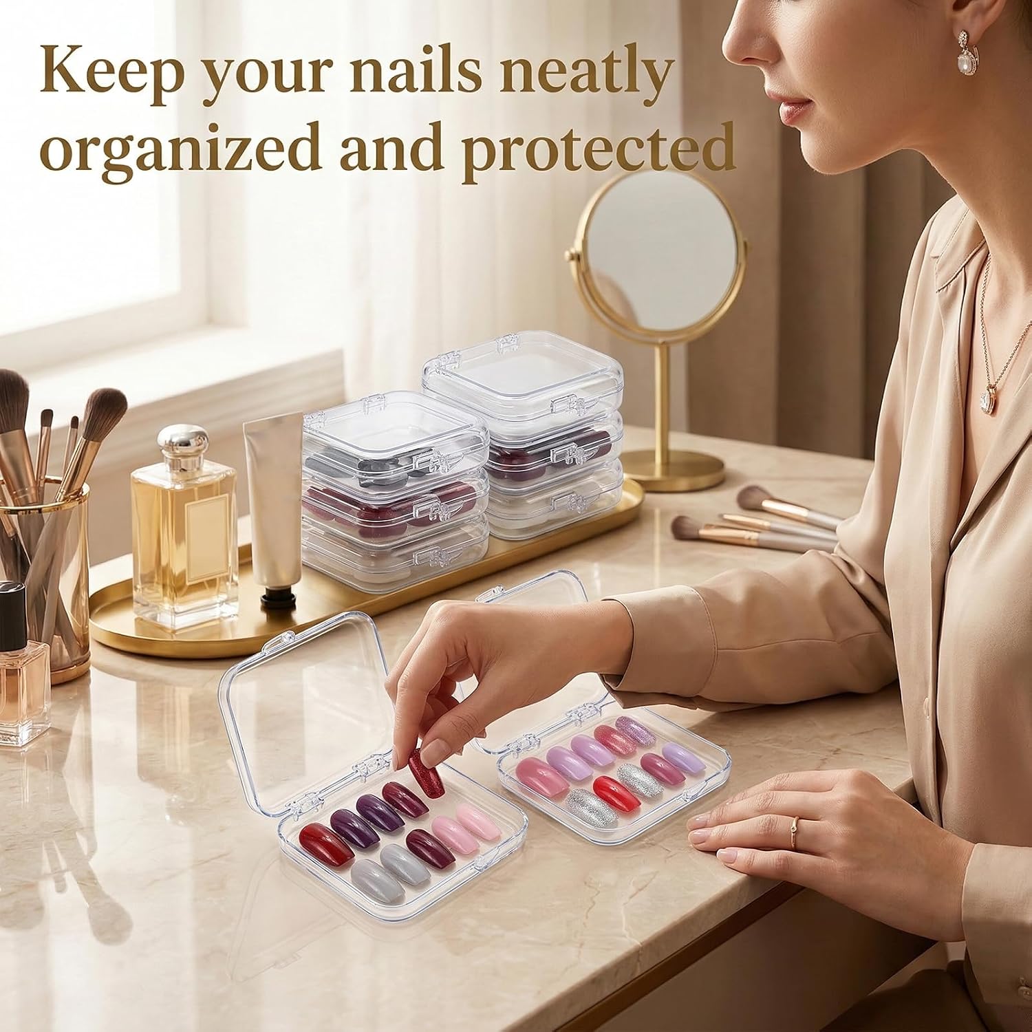 10Pcs Press On Nail Storage Box with 36Pcs Adhesive Double Sided Tape, Press on Nail Packaging Supplies False Nails Display Storage Cases Boxes Organizer for Nail Art Salon Business(Clear)