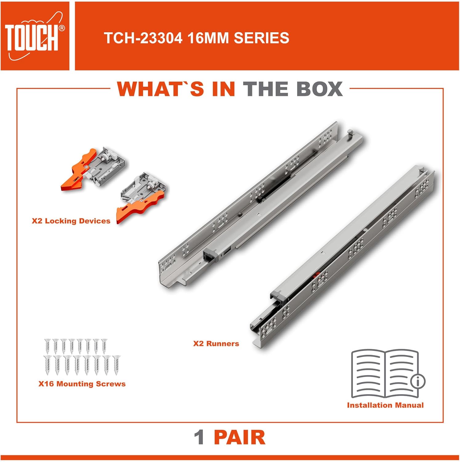 TOUCH Undermount Drawer Slides, Push-Open (1 Pair, 18 Inch 457mm) for 1/2 and 5/8 Inch Side Panel, Kitchen Concealed Drawer Track Guide, Bottom Mount, 75 LB Capacity 3D Adjustable Lock Device.