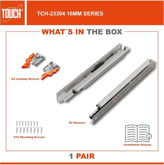 TOUCH Undermount Drawer Slides, Push-Open (1 Pair, 9 Inch 229mm) for 1/2 and 5/8 Inch Side Panel, Kitchen Concealed Drawer Track Guide, Bottom Mount, 75 LB Capacity 3D Adjustable Lock Device.