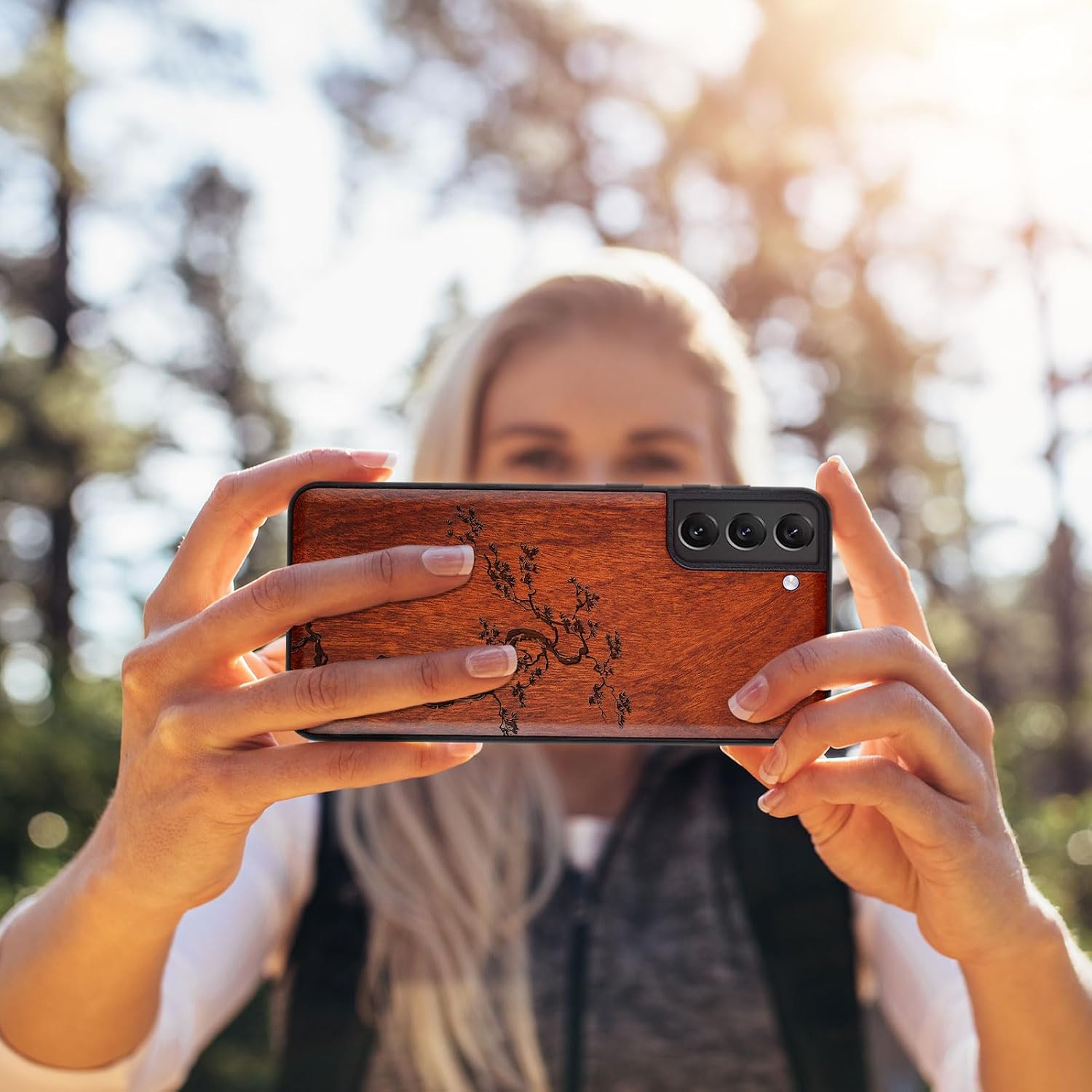 Carveit Wood Case for Galaxy S22 Plus Case [Natural Wood & Black Soft TPU] Shockproof Protective Cover Unique & Classy Wooden Design Compatible with S22 Plus (Majestic Pine Tree-Rosy)