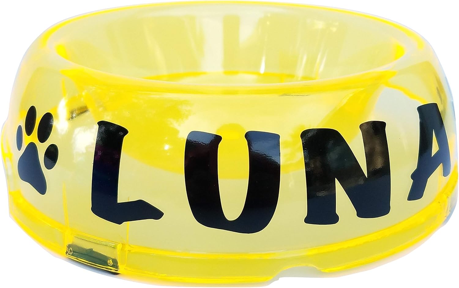 Jeyfel Decals: Custom Name. Customized. Neon Clear Color Dog Cat Pet Food Bowl. Translucent Dish. (Yellow, SM-1Cup)