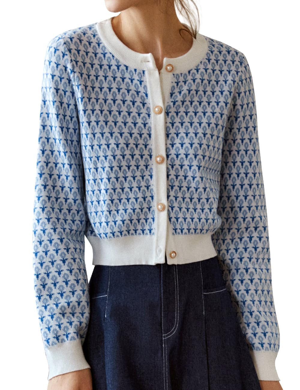 Womens Cropped Cardigan Sweater Round Neck Pearl Button Long Sleeve 2025 Autumn Trendy Sweater Top