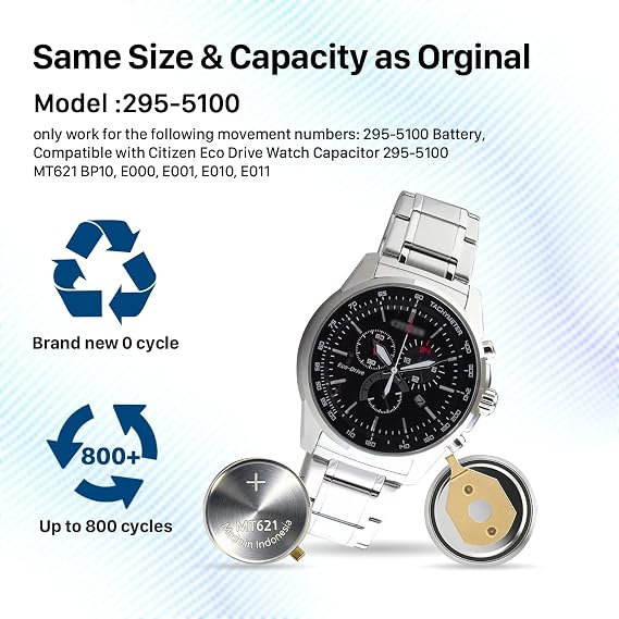 SHENMZ MT621 Battery 295-5100 Rechargeable Capacitor for Citizen Eco-Drive Watches - Compatible with Models E000, E001, E010, E011 & Part Numbers 295-5100, MT621, BP10 (1-Pack)